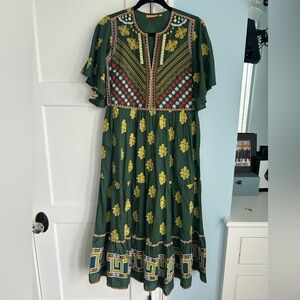 Oliphant Green Short Sleeve Maxi Dress with Embroidery Detail.